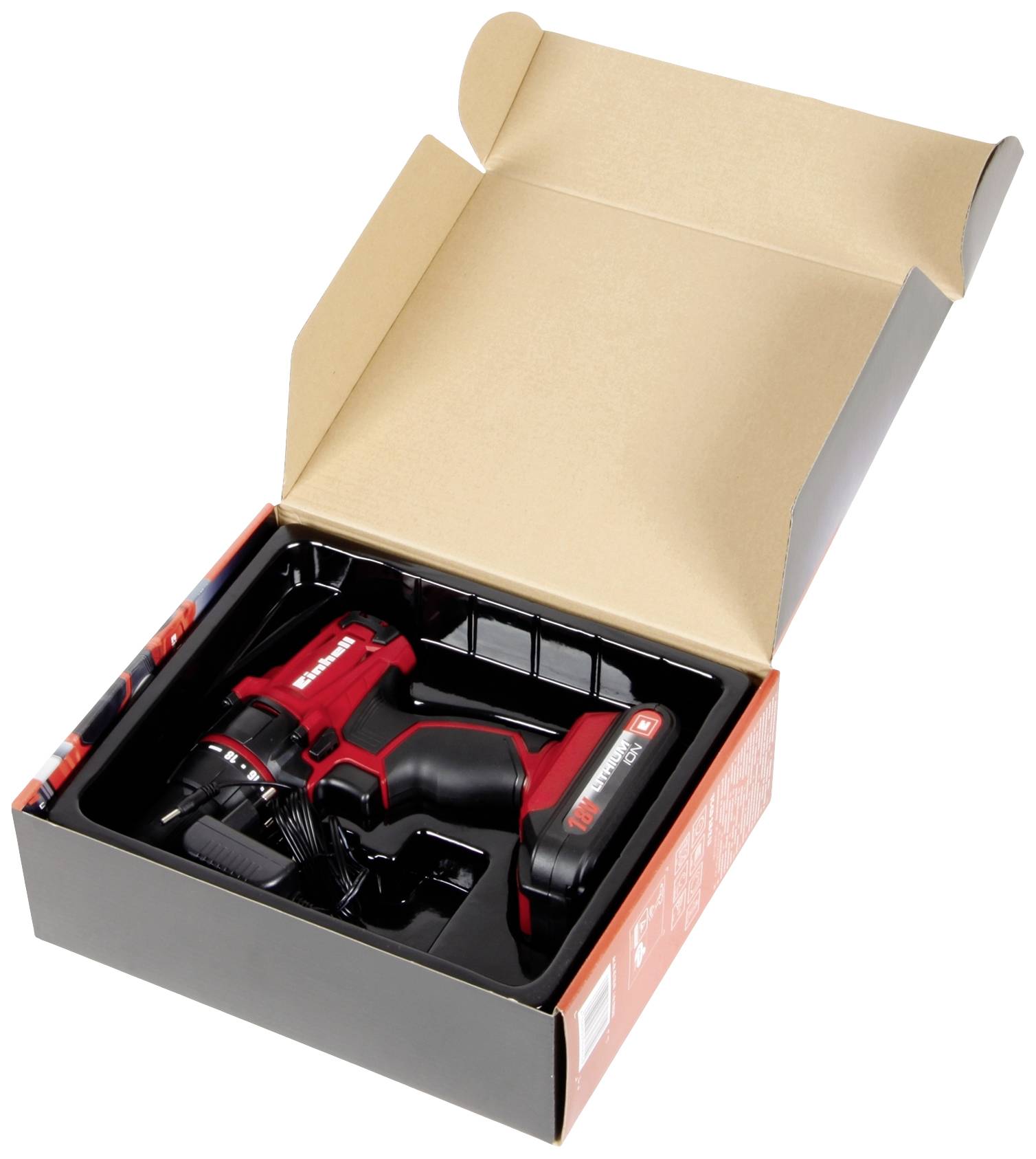 Perceuse sans fil dans son emballage ouvert, montrant la perceuse rouge avec sa batterie. Idéal pour les projets de bricolage, compact et portable.