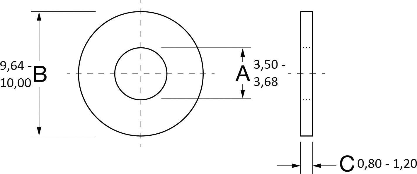 Dessin technique montrant un composant en forme de disque avec dimension extérieure B : 10,00 mm, dimension intérieure A : 3,68 mm, et épaisseur C : 1,20 mm.