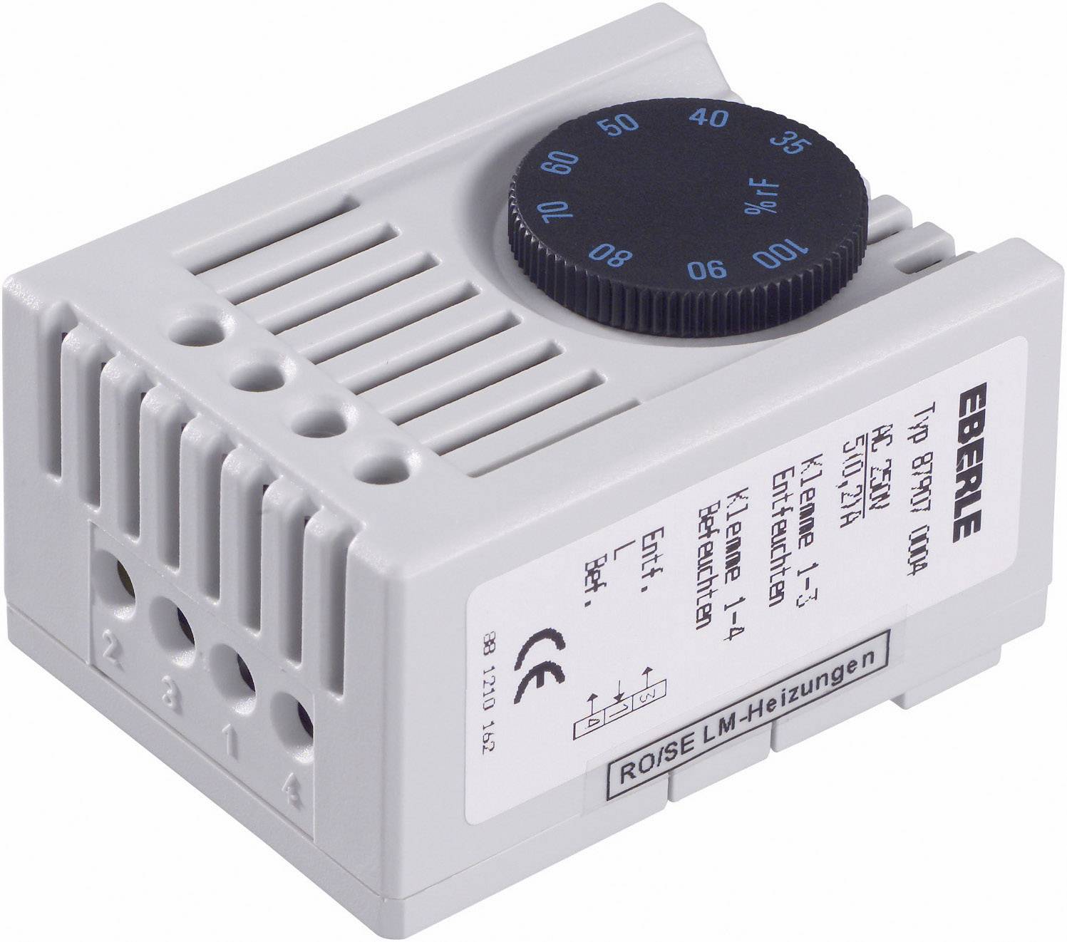 Un thermostat d'ambiance gris de la marque Eberle avec une molette de réglage noire pour le contrôle de la température et des graduations de 10 à 50 degrés.