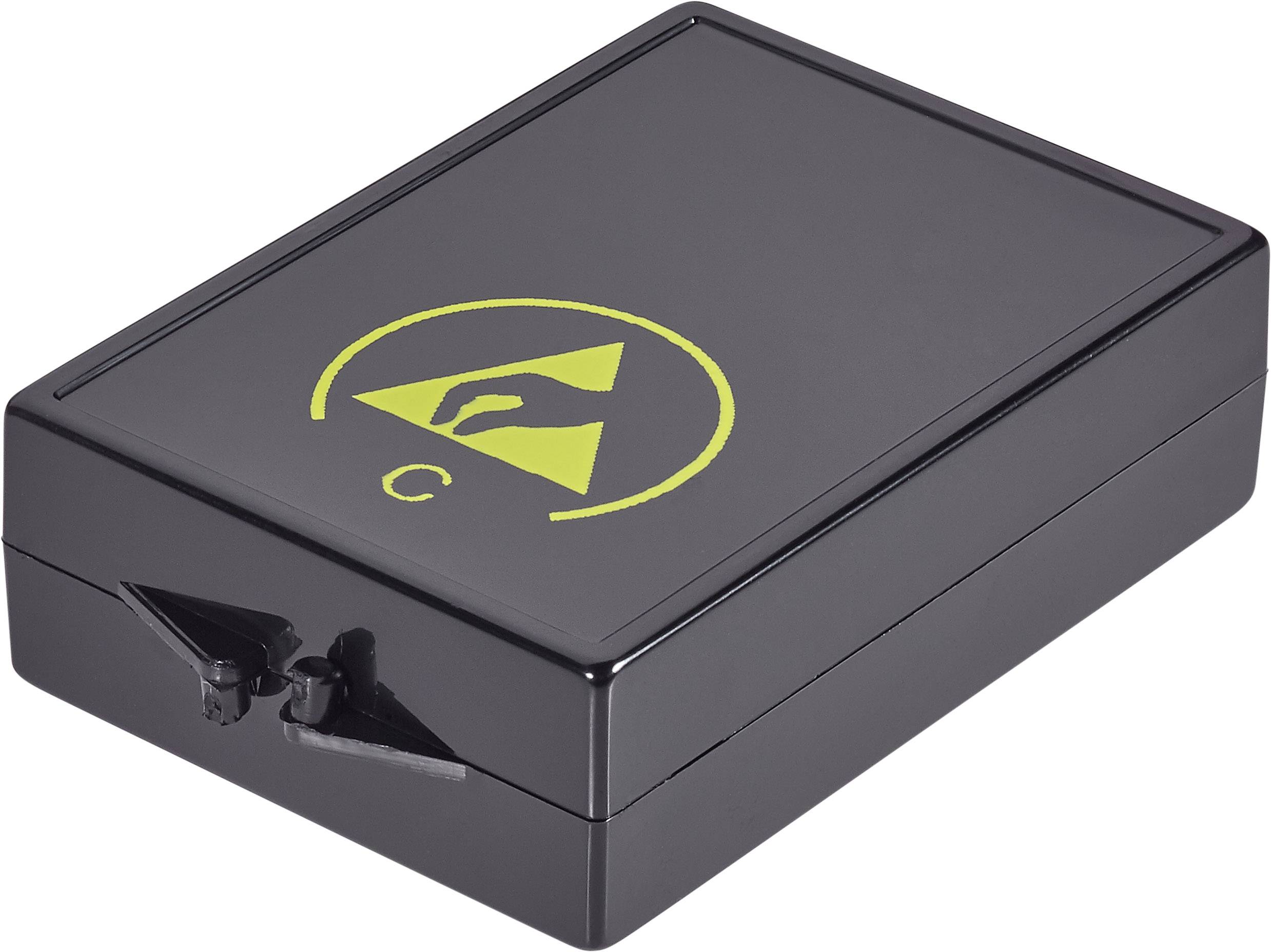 Conteneur en plastique noir avec un symbole d'avertissement jaune indiquant une sensibilité électromagnétique sur le dessus.