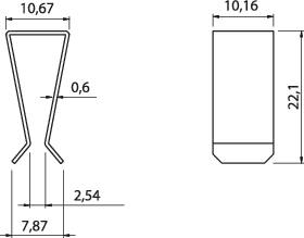 Dessin technique d'un objet conique avec les dimensions suivantes : Largeur 10,67, Hauteur 22,1, Diamètre 7,87, Épaisseur 0,6 et 2,54.