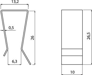 Dessin technique d'une pièce métallique en U avec dimensions : largeur 13,2 cm, hauteur 26 cm, largeur de base 6,3 cm, épaisseur de paroi 0,5 cm. Vue latérale montre une hauteur de 26,5 cm, largeur 10 cm.