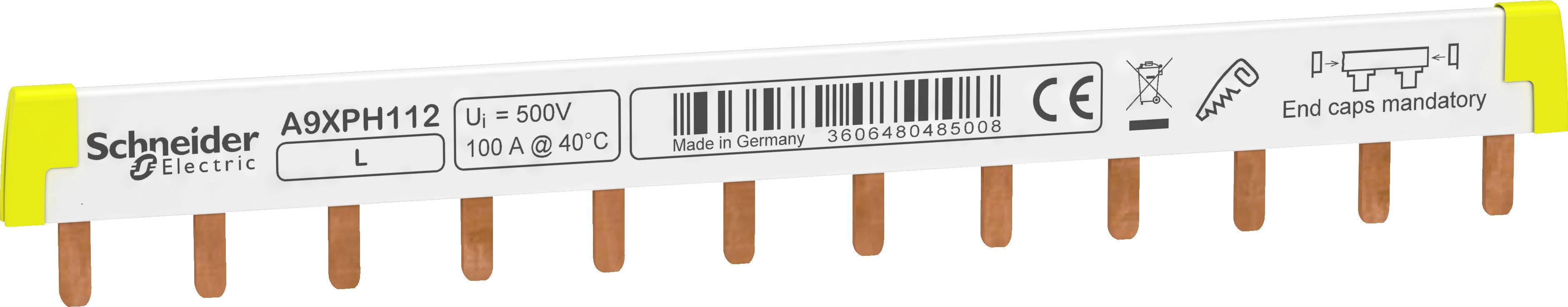 Une barre de phase de Schneider Electric, modèle A9XPH112, 500V, 100A, avec des symboles de sécurité et des codes-barres identifiables, nécessite des capuchons d'extrémité.