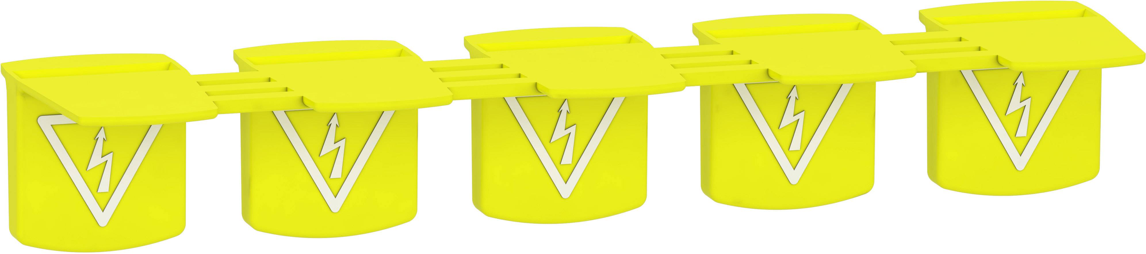 Cinq conteneurs jaunes avec des symboles de foudre, disposés en ligne, probablement utilisés pour la préparation de commandes ou le stockage.