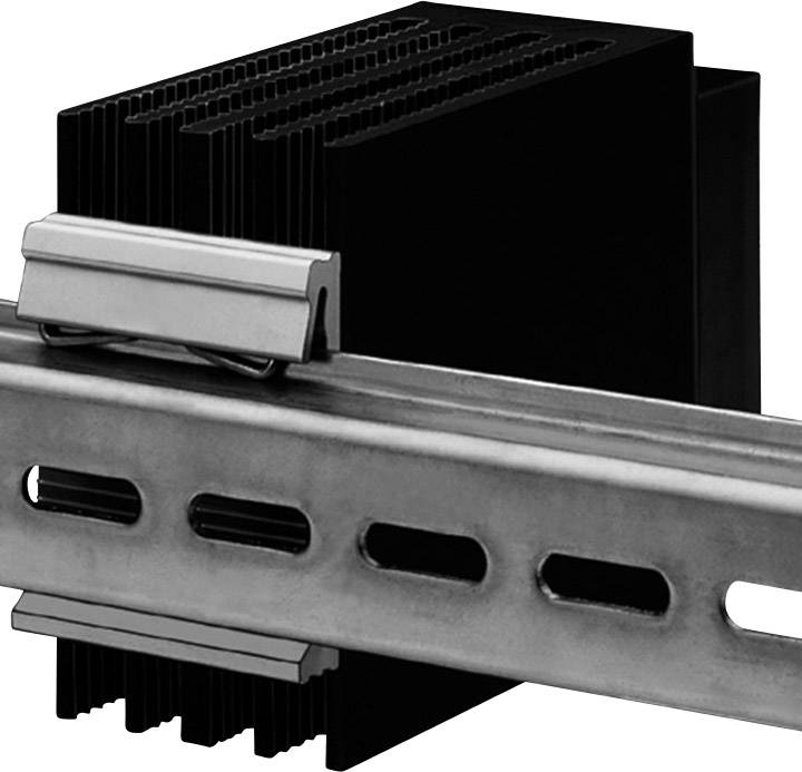 Un dissipateur thermique noir en métal avec des ailettes verticales, fixé sur un rail métallique perforé ou un support.