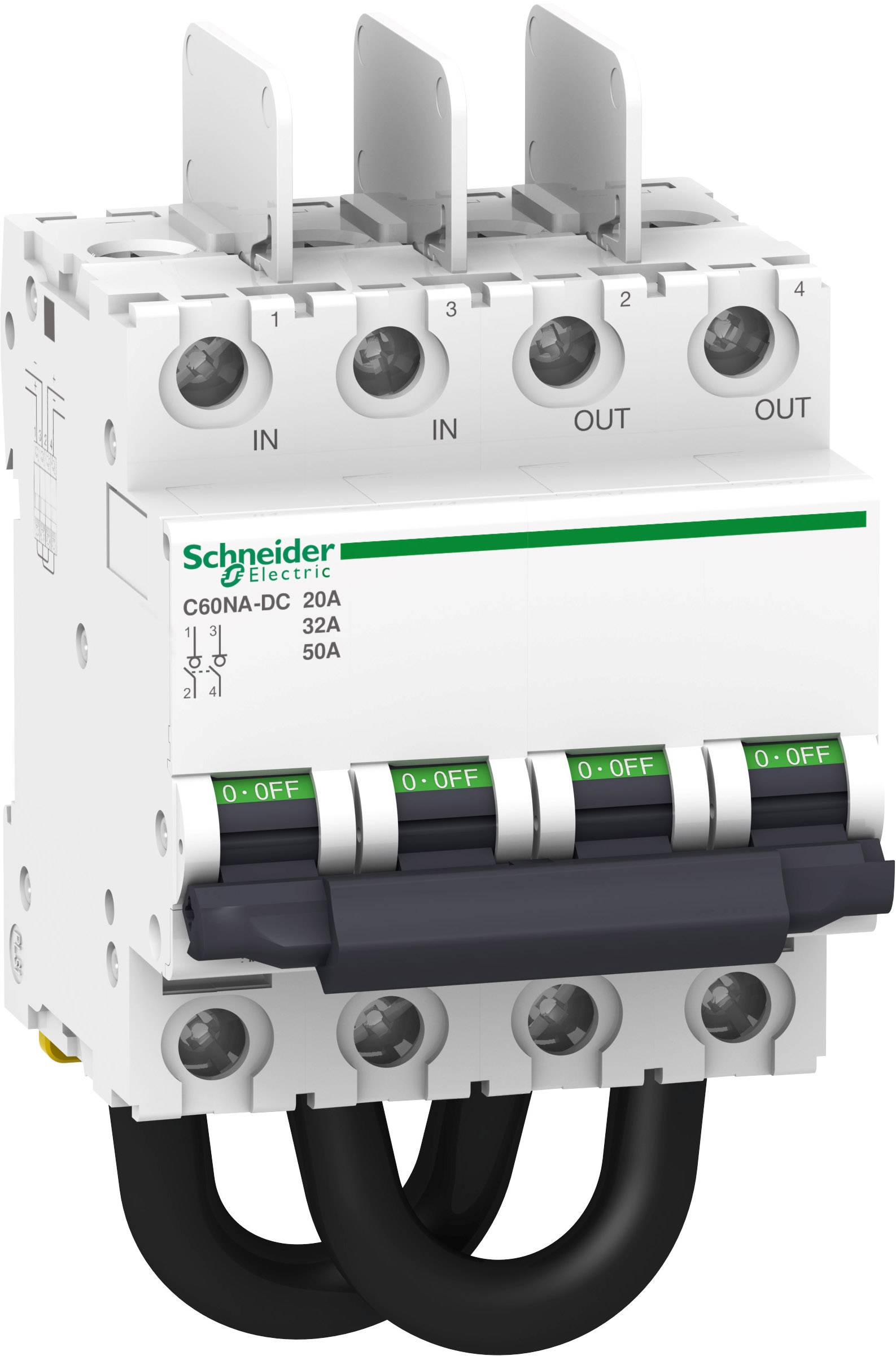 Disjoncteur miniature à quatre pôles, marqué 'Schneider Electric'. Indicateurs pour les entrées et sorties, puissance nominale maximale de 50A.