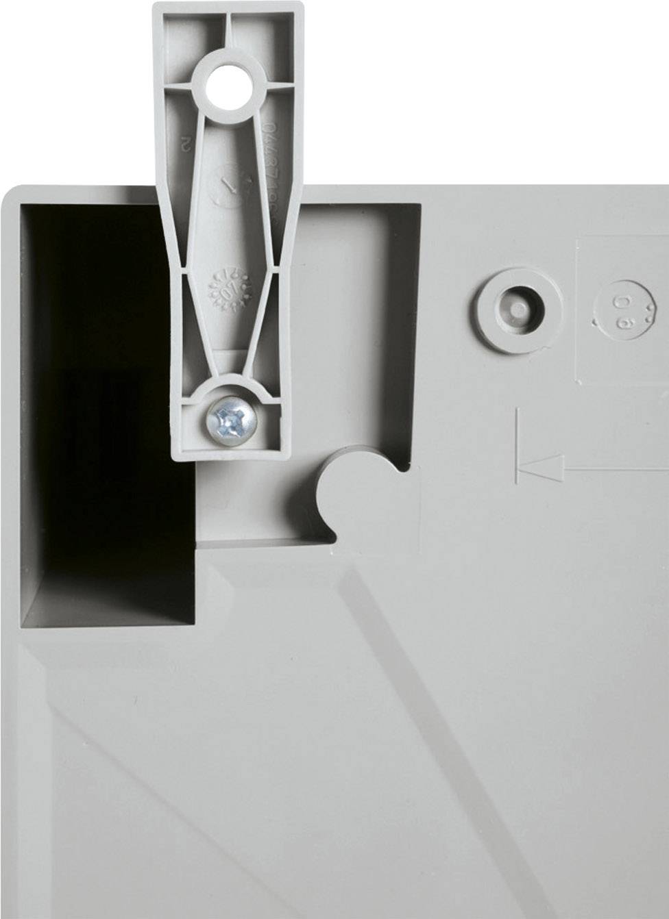 Arrière d'un boîtier en plastique gris avec bouton de fermeture et vis de fixation visibles.