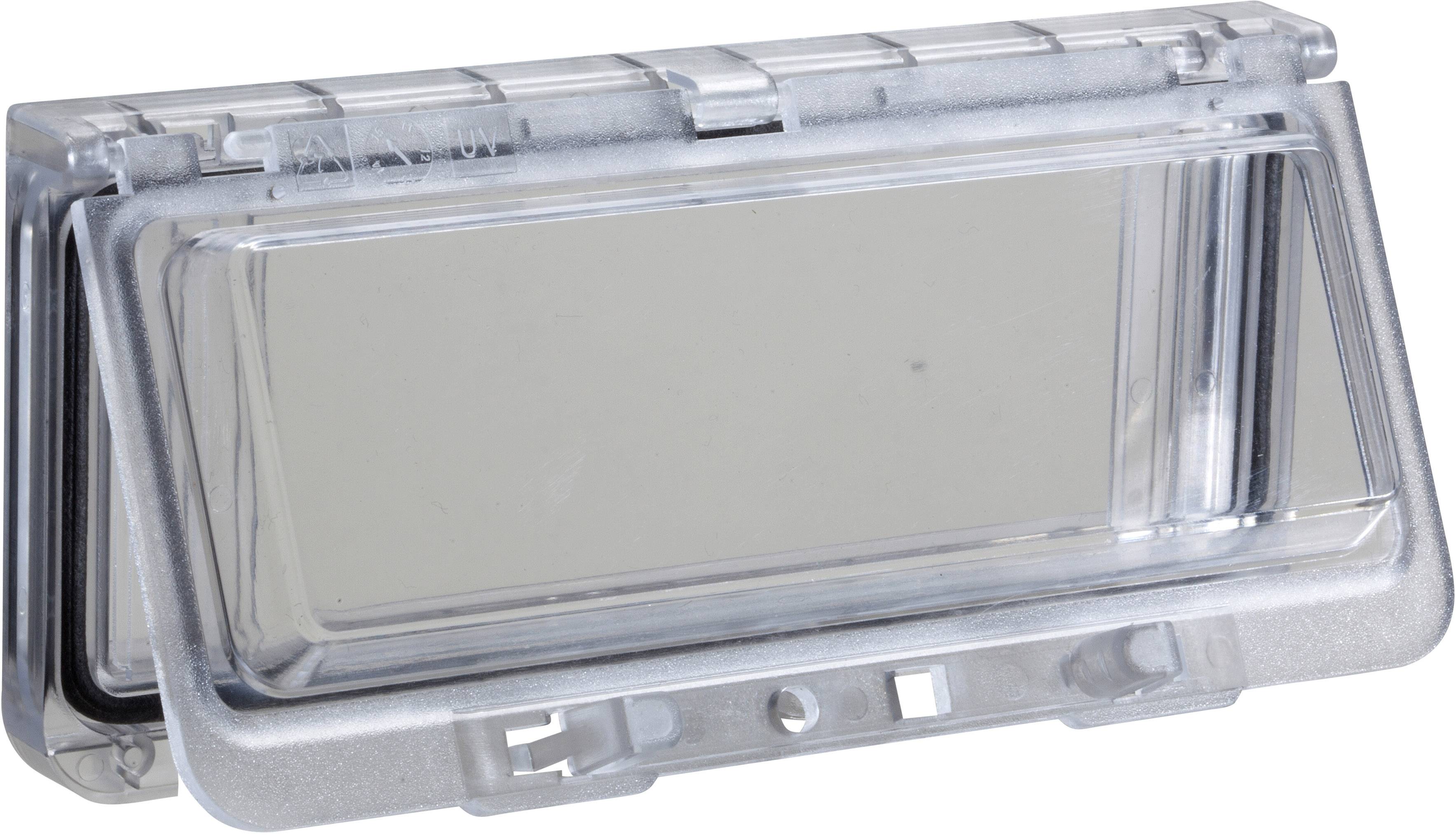 Couvercle de protection en plastique transparent pour interrupteur ou prise électrique, ouvert, montrant un cadre rectangulaire pour la protection et la visibilité.