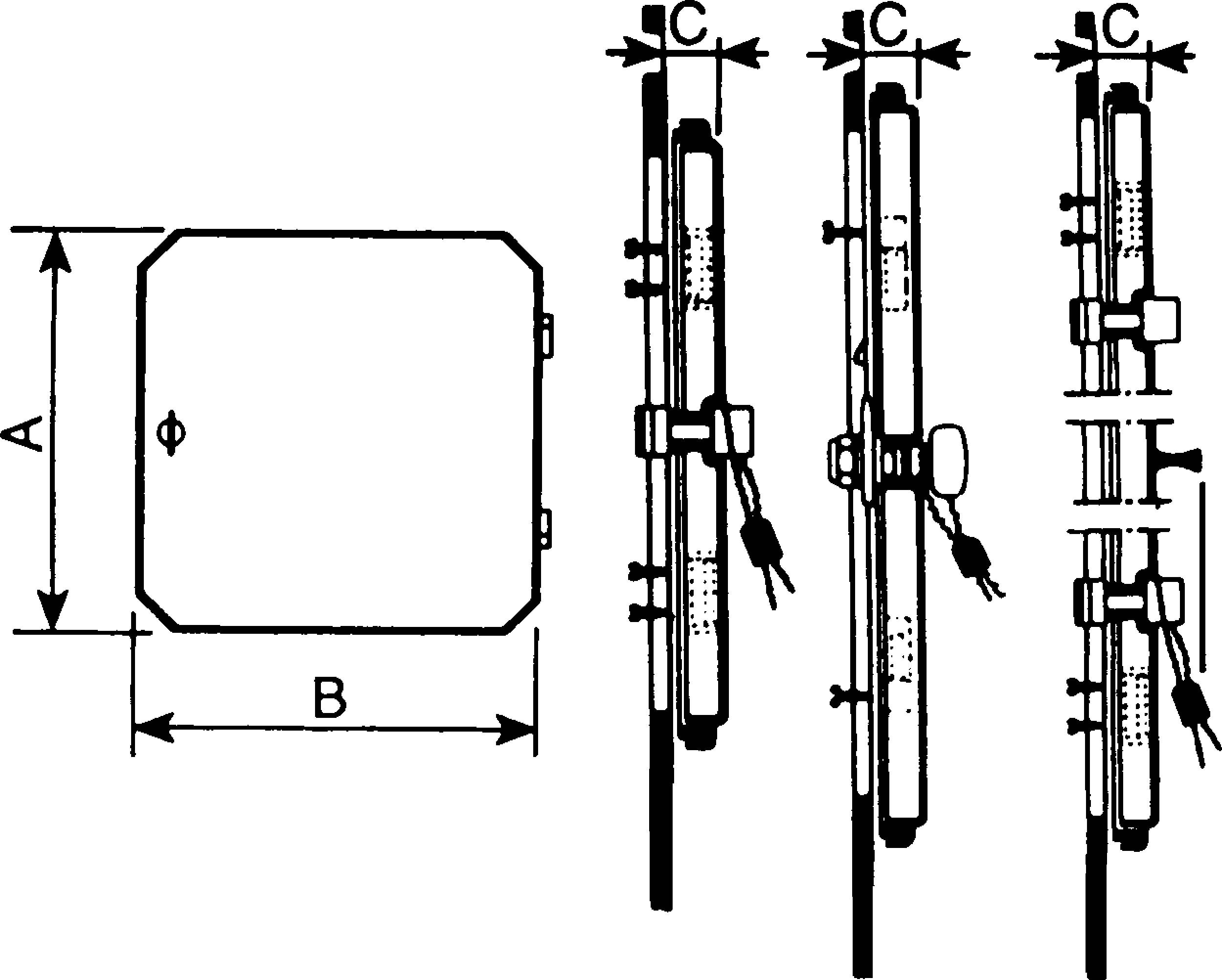 Dessin technique d'un baromètre. Vue de dessus à gauche, coupes transversales à droite avec les annotations 'A', 'B' et 'C'.