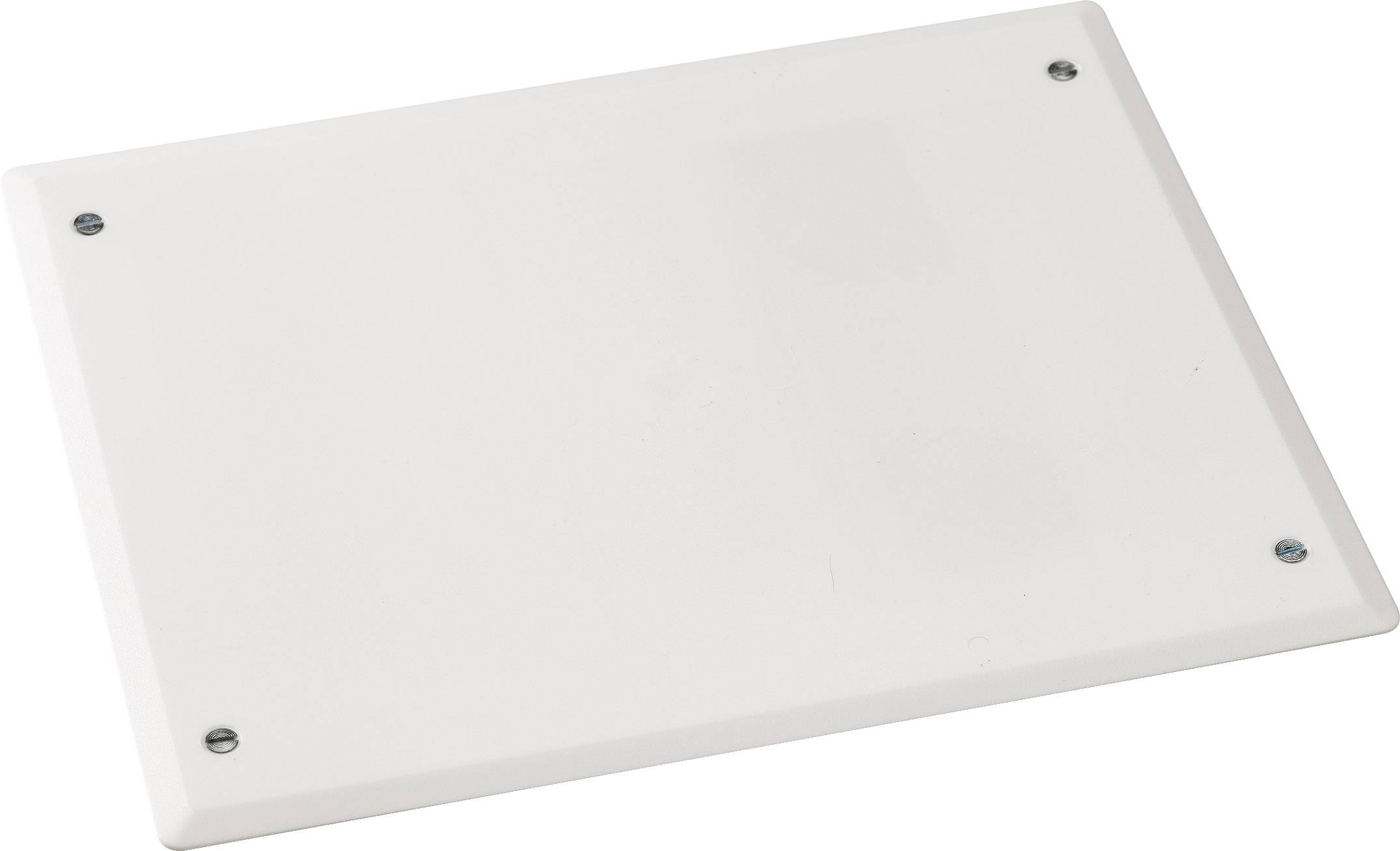 Une plaque blanche rectangulaire avec quatre vis visibles aux coins, posée sur une surface lisse.
