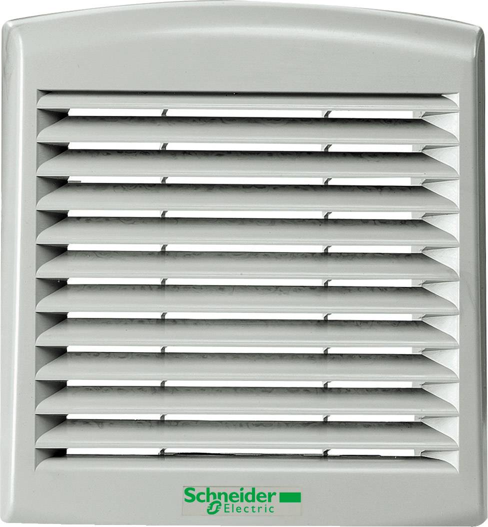 Couvercle de ventilation blanc avec des lamelles horizontales, avec le logo vert de 'Schneider Electric' en dessous.