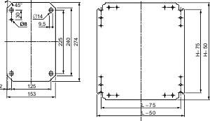 Dessin technique d'un composant rectangulaire avec des dimensions métriques en millimètres, indiquant les trous de perçage et les dimensions extérieures.