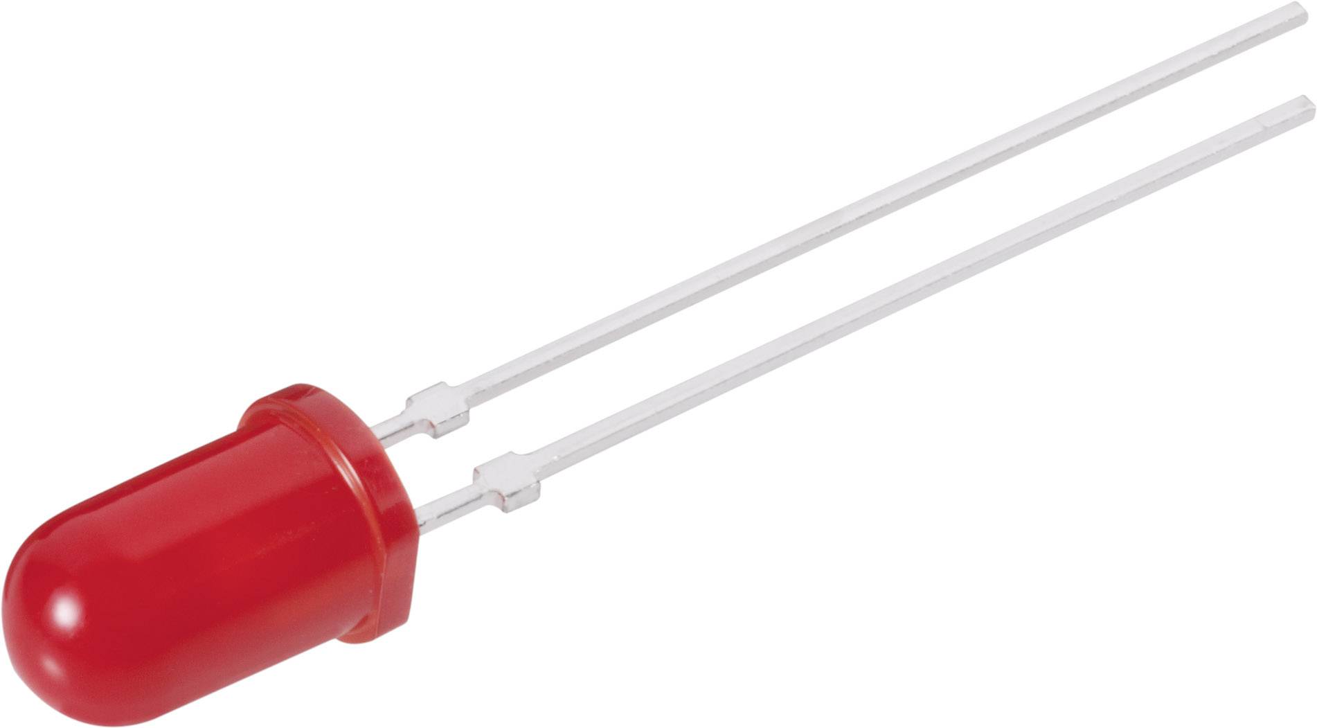 Une diode électroluminescente (LED) rouge avec deux longues bornes métalliques sur un fond blanc.