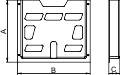 Dessin technique d'un composant rectangulaire avec huit connexions disposées en deux rangées. Marqué avec les dimensions A, B et C.
