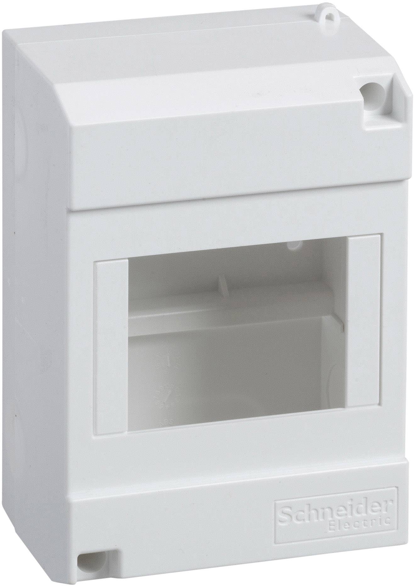 Un boîtier en plastique blanc vide pour installations électriques, rectangulaire, avec une ouverture rectangulaire sur la façade.