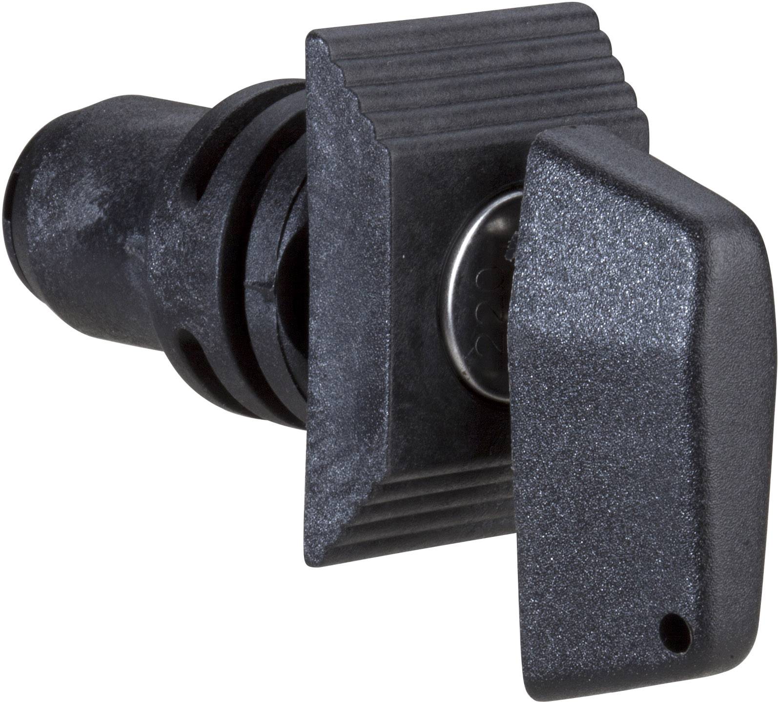 Un bouton rotatif noir avec une surface striée et une poignée rectangulaire, adapté pour les dispositifs ou les commandes de machines.