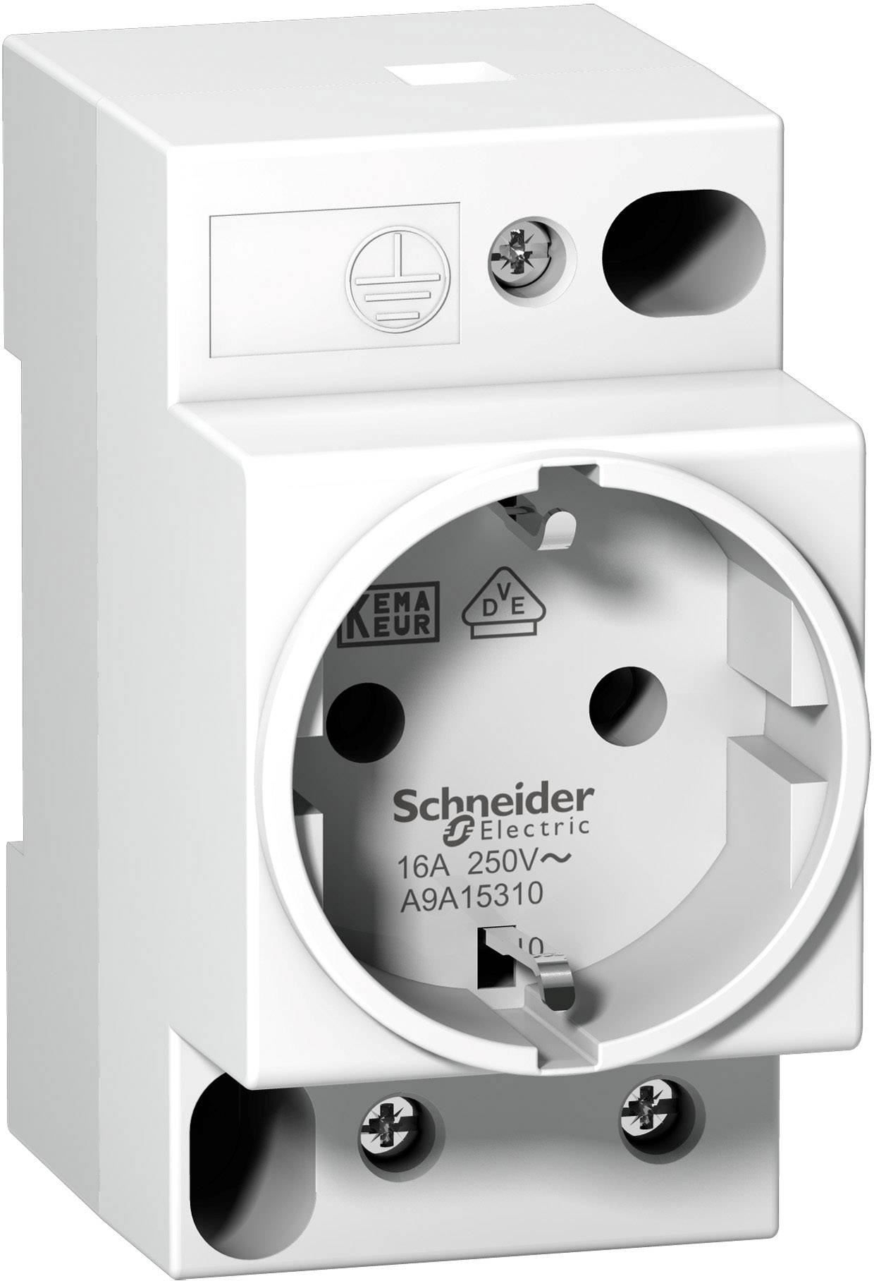 Prise de courant de marque Schneider Electric avec bornes à vis, adaptée pour 16A, 250V. Convient pour un montage sur rail DIN.