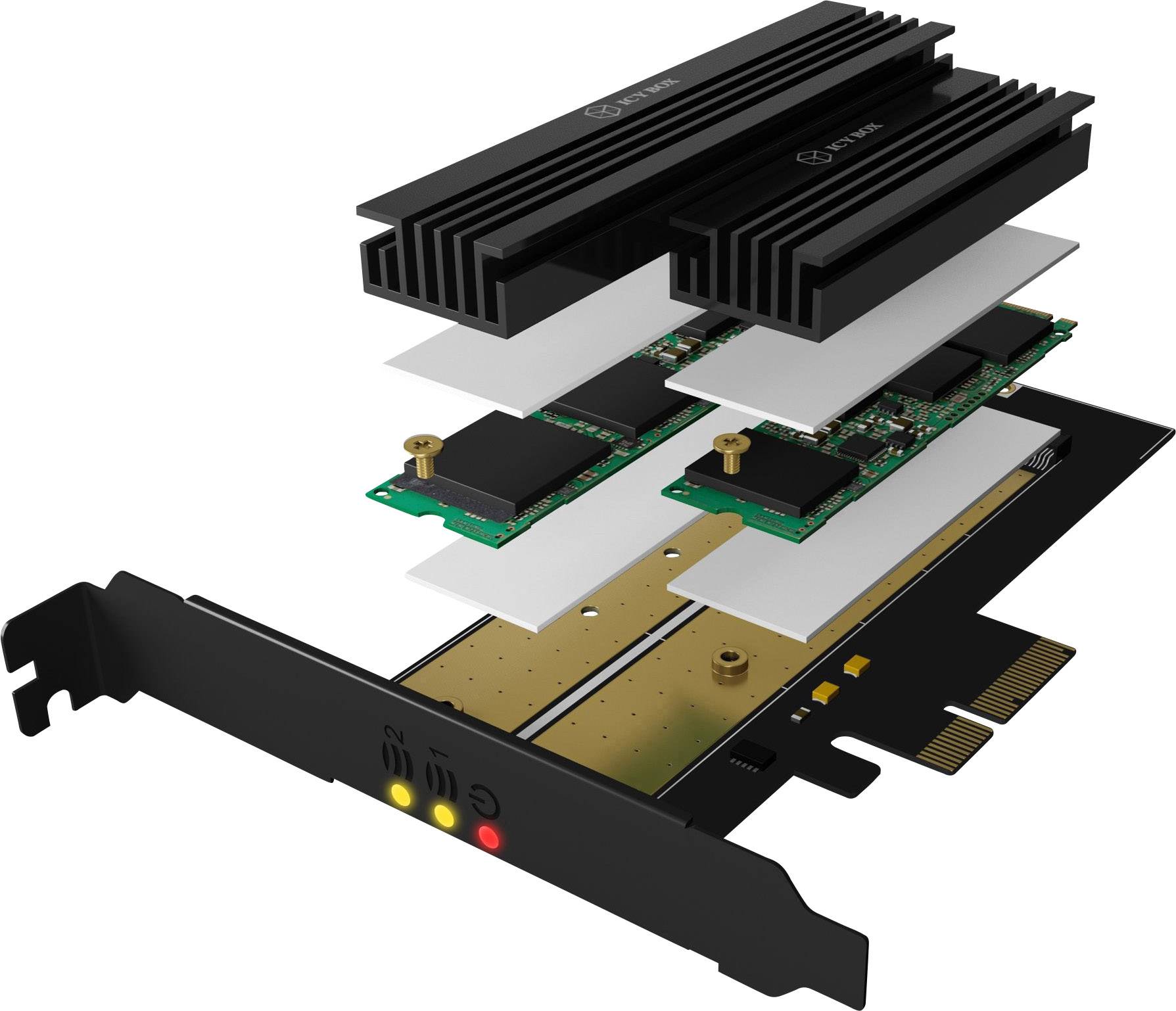 RAIDON IB-PCI215M2-HSL 2 ports Contrôleur M.2 PCIe x4 convient pour (SSD): M.2 SATA SSD, M.2 PCIe AHCI SSD Refroidissement passif