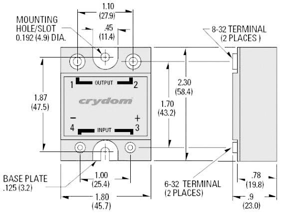 Dessin technique d'un relais statique avec ses dimensions. Montre les entrées et sorties, les points de fixation et les connexions.