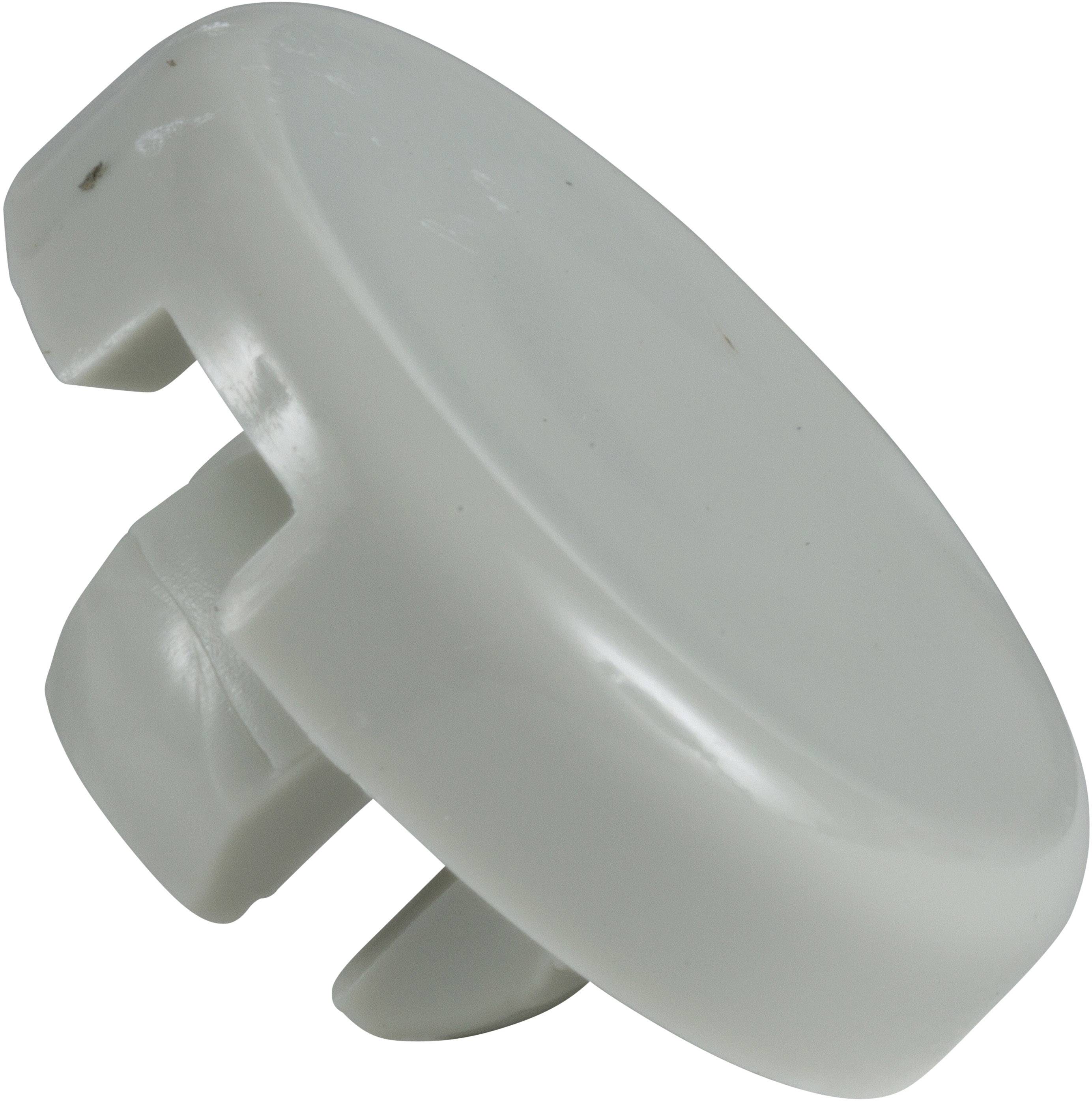 Un capot en plastique blanc et rond, muni de deux ergots d'insertion sur sa face inférieure.