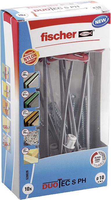 Emballage des chevilles en nylon 'fischer DUOTEC S PH', adaptées aux plaques de plâtre et plaques de particules. Présente les tailles et les applications sur l'emballage.