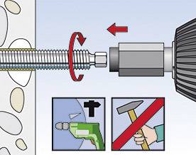 L'illustration montre l'utilisation correcte d'un ancrage métallique dans un mur à l'aide d'une perceuse. Le martelage est indiqué comme incorrect.