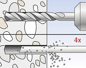 Graphique montrant un foret perçant du béton avec des particules de pierre. Le texte '4x' indique une efficacité accrue.