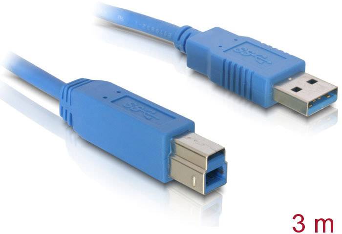 Un câble USB bleu de 3 mètres, équipé d'un connecteur USB-A à une extrémité et d'un connecteur USB-B à l'autre extrémité.