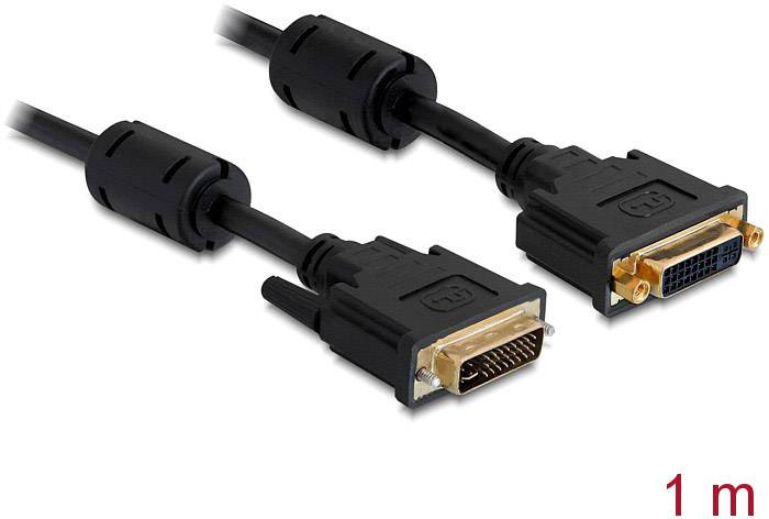 Un câble DVI d'une longueur de 1 mètre, présentant une fiche mâle sur le côté gauche et un connecteur femelle sur le côté droit.