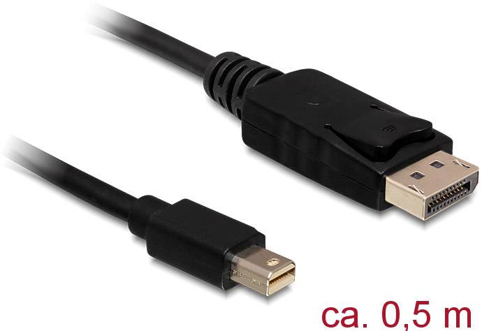 'Câble noir avec connecteurs Mini-DisplayPort et DisplayPort standard, longueur d'environ 0,5 mètre.'
