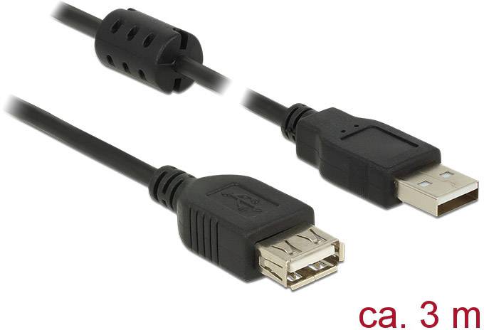 Delock Câble USB USB 2.0 USB-A mâle, USB-A femelle 3.00 m noir avec noyau en ferrite 84886