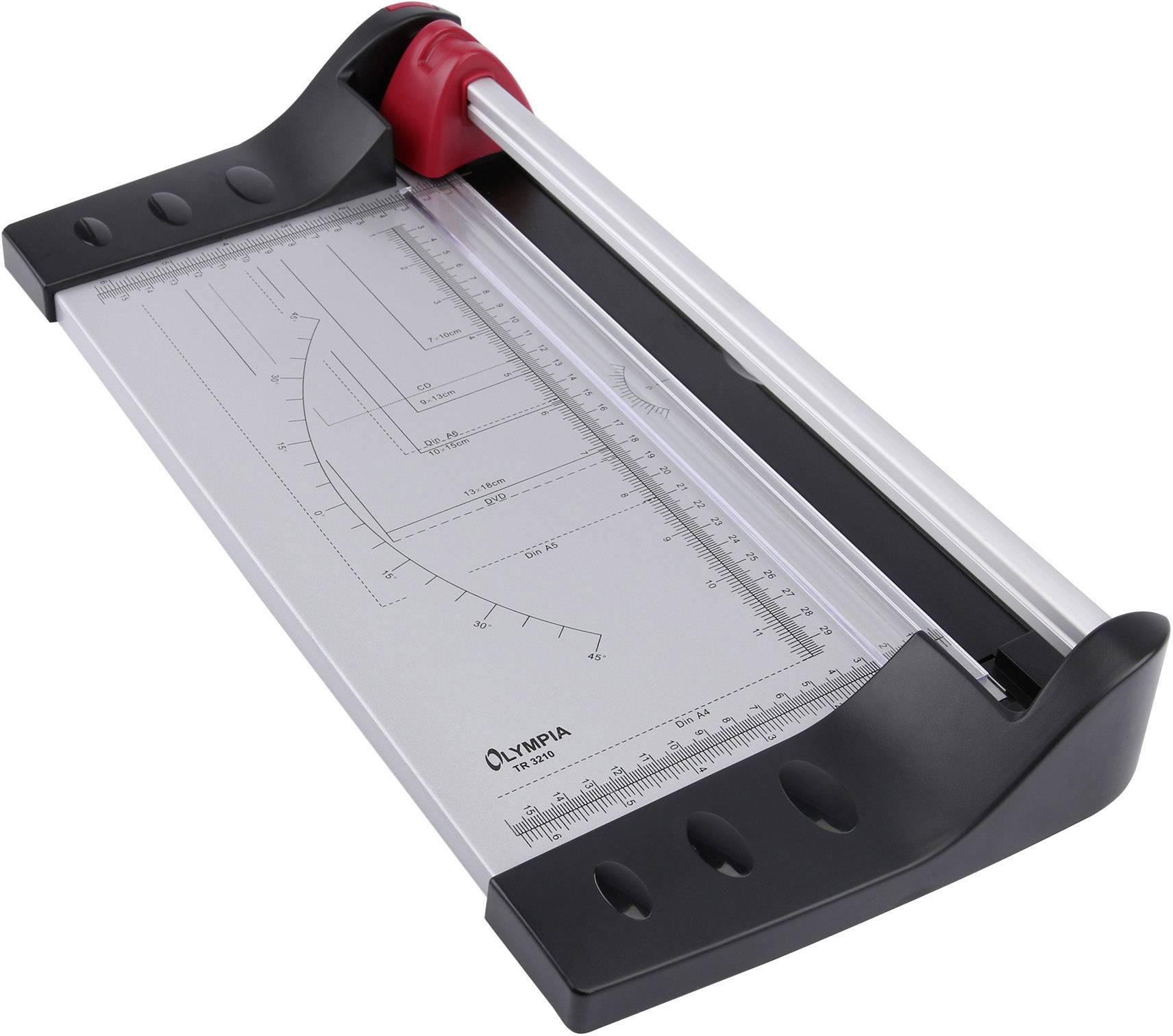Une machine à couper le papier en noir avec règle et dispositif de coupe en métal.