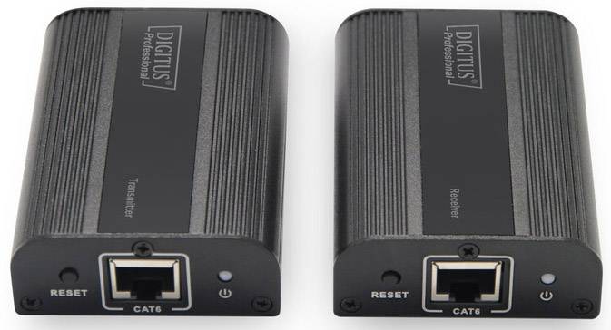 Deux appareils réseau noirs avec connexion CAT6. Celui de gauche est étiqueté 'Transmetteur', celui de droite 'Récepteur'.