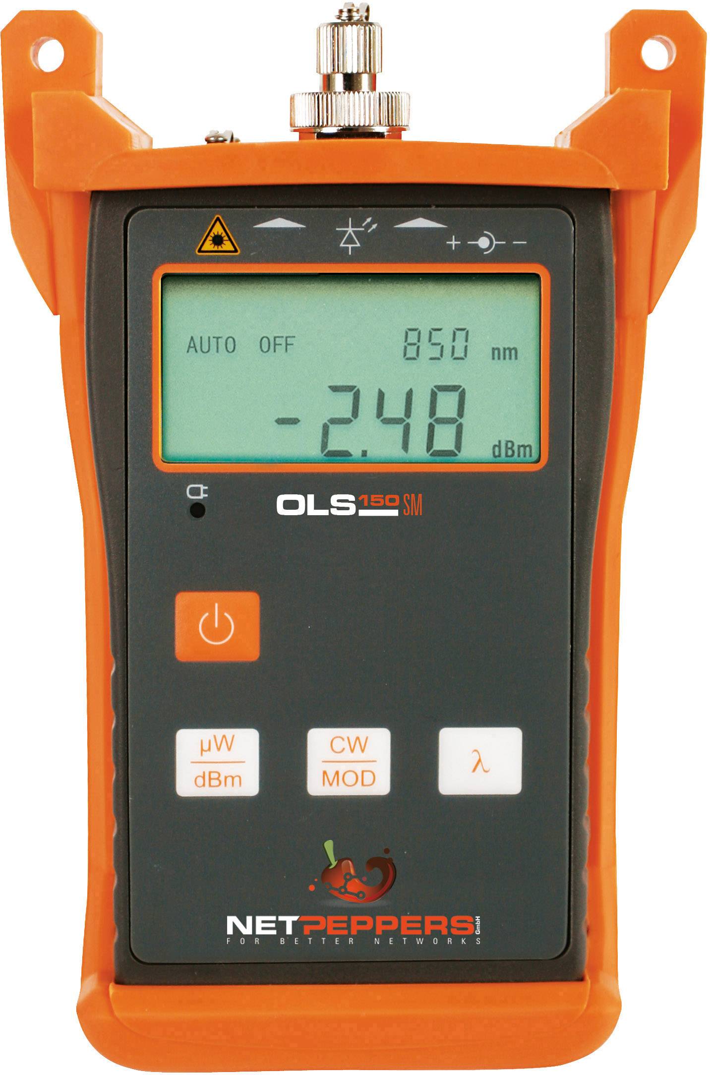 Un appareil de mesure optique de couleur orange affiche '-2,48 dBm' sur un écran numérique, avec d'autres commandes en dessous.