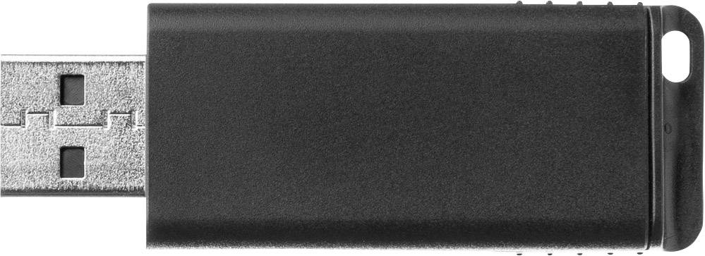 Une clé USB noire, partiellement visible, avec une fiche métallique à gauche.
