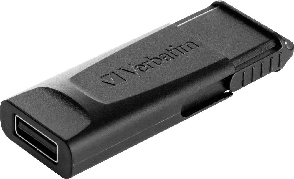Une clé USB noire avec un capuchon coulissant, portant le logo de 'Verbatim' sur le côté, posée sur une surface blanche.