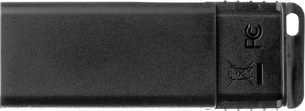 Une clé USB noire avec un capuchon amovible ; les symboles de 'poubelle' et 'CE' sont visibles.
