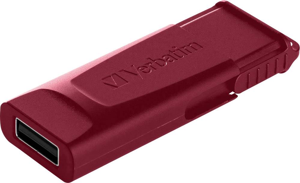 Une clé USB rouge portant l'inscription 'Verbatim' sur sa face supérieure, adaptée au stockage et au transfert de données numériques.