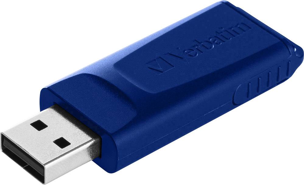 Clé USB bleue avec logo imprimé, forme rectangulaire, connecteur métallique à gauche, surface texturée.