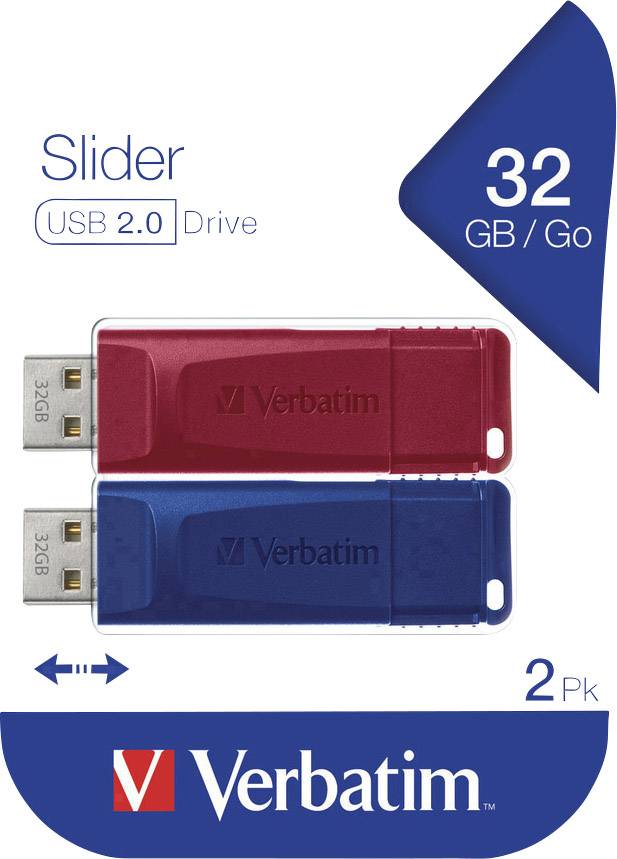 Deux clés USB 2.0 Verbatim Slider, l'une en rouge et l'autre en bleu, chacune d'une capacité de 32 Go. L'emballage indique un « pack de 2 ».