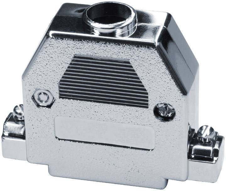 Boîtier de connecteur métallique avec surface supérieure rainurée, deux vis latérales et une ouverture centrale en haut, surface brillante.