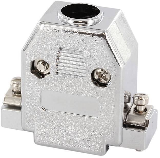 Boîtier métallique pour connecteur D-Sub, argenté, de forme hexagonale, avec des vis visibles sur le côté pour la fixation du câble.