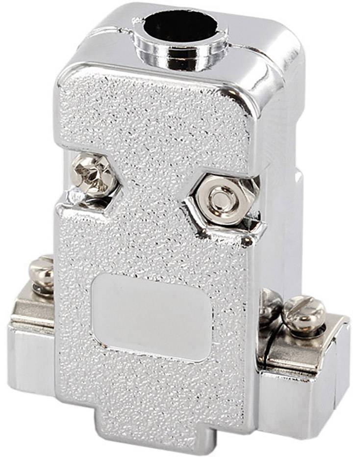 Connecteur métallique à surface brillante avec deux vis visibles sur les côtés.