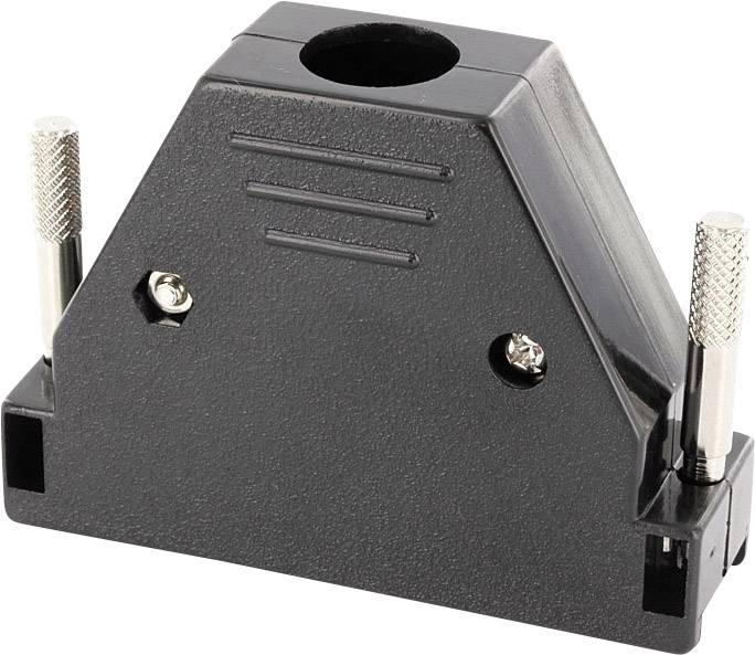 Pièce en plastique noir triangulaire avec deux broches métalliques latérales et une ouverture cylindrique centrale en haut, probablement destinée à une connexion électronique ou mécanique.