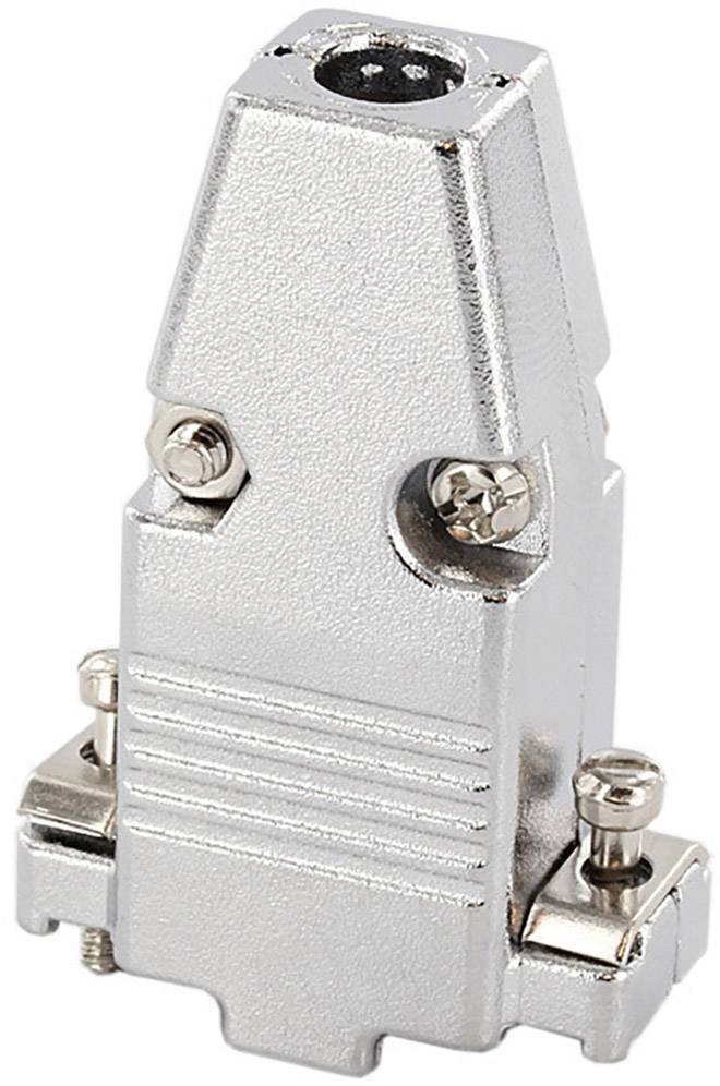 Boîtier de connecteur métallique de couleur argentée avec des vis de fixation et des lignes nervurées pour une meilleure prise en main, adapté aux connexions de câbles.