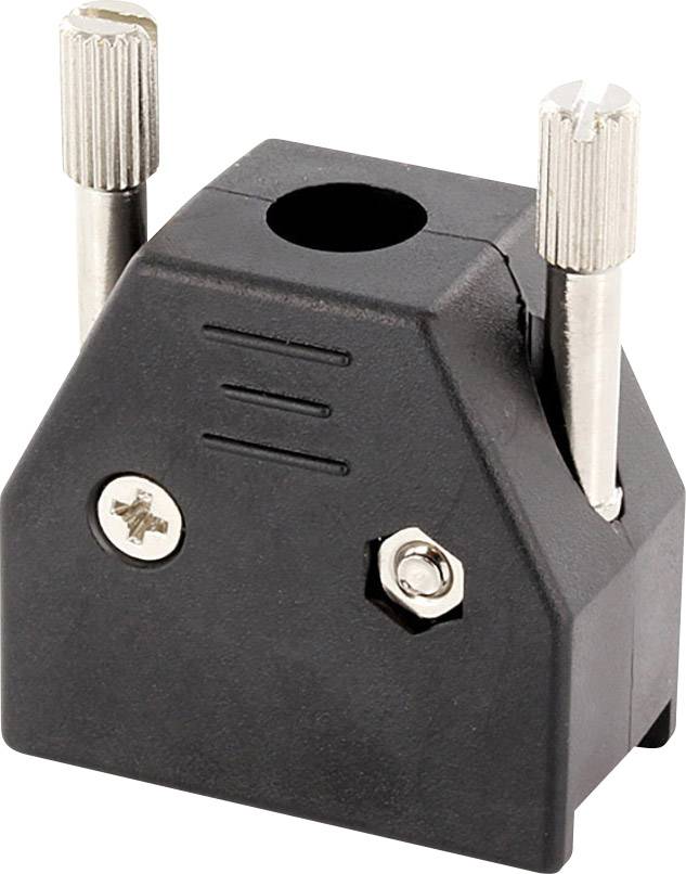 Adaptateur en plastique noir avec deux fiches argentées sur le dessus et deux vis sur le devant, pour la connexion de câbles.