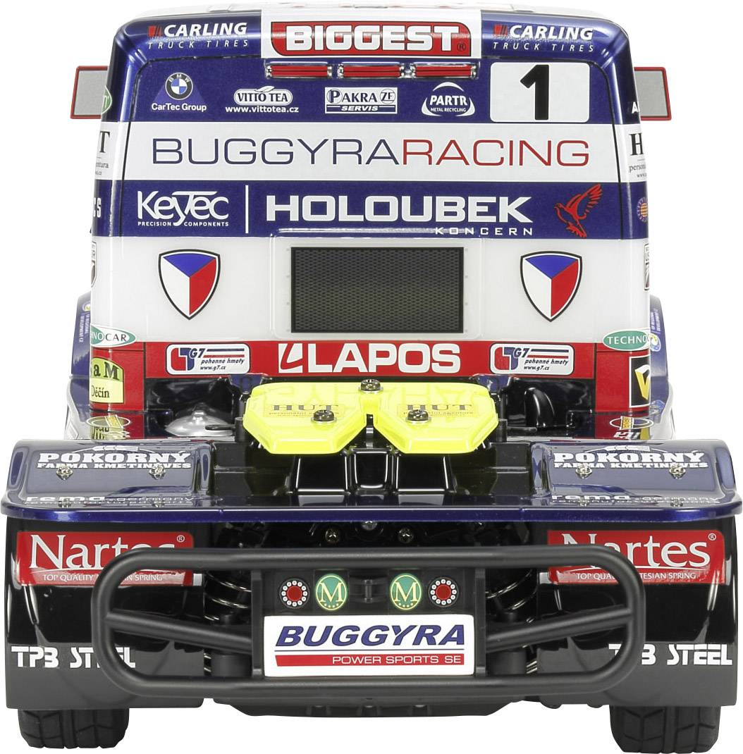 Le dos d'un grand camion de course avec plusieurs logos de sponsors et une inscription bien visible 'BUGGYRA RACING'.