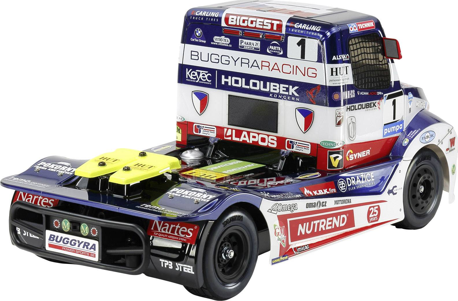 Camion de course avec inscriptions de plusieurs sponsors, dont 'Buggyra Racing' et 'Nutrend'. Numéro de véhicule '1' visible.