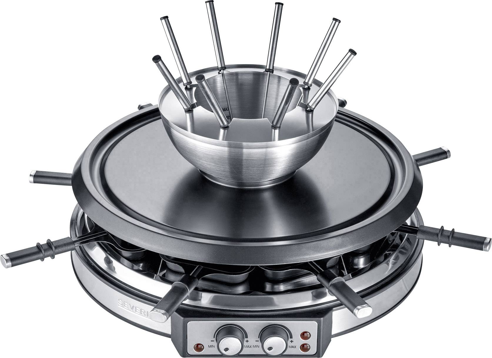 Severin RG 2348 Raclette 8 Fonduegabeln, 8 Pfännchen Edelstahl, Schwarz