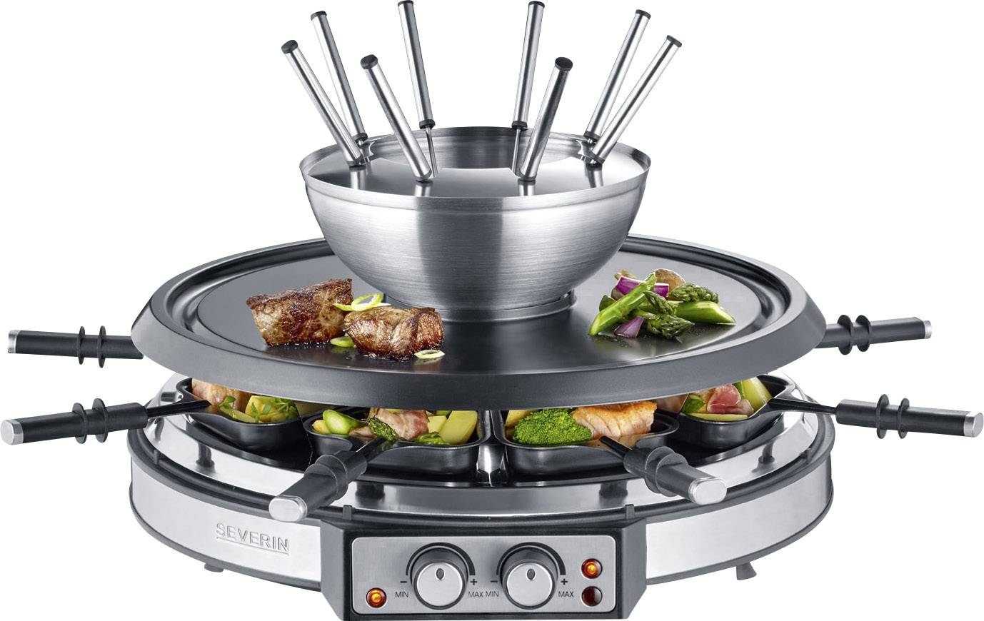Severin RG 2348 Raclette 8 Fonduegabeln, 8 Pfännchen Edelstahl, Schwarz